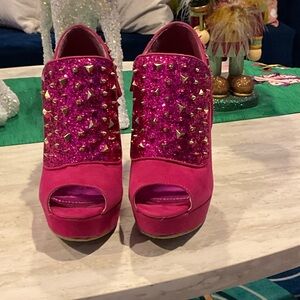 Anne Michelle Fuchsia Studded Peep-Toe Heels